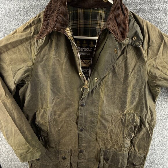Barbour Beaufort Waxed Jacket Men Full Zip Size 38 Green Tartan Lined Collared - Picture 1 of 16
